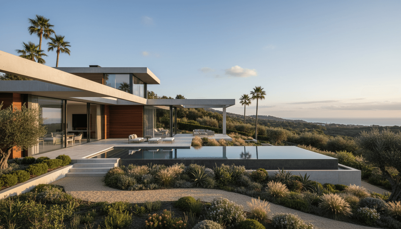Villa exterior with pool and garden grounds