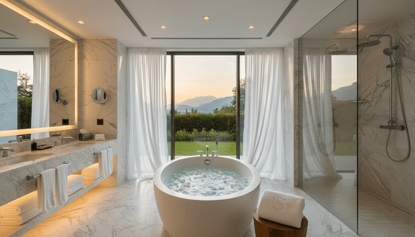 Spa-style bathroom with soaking tub and marble details