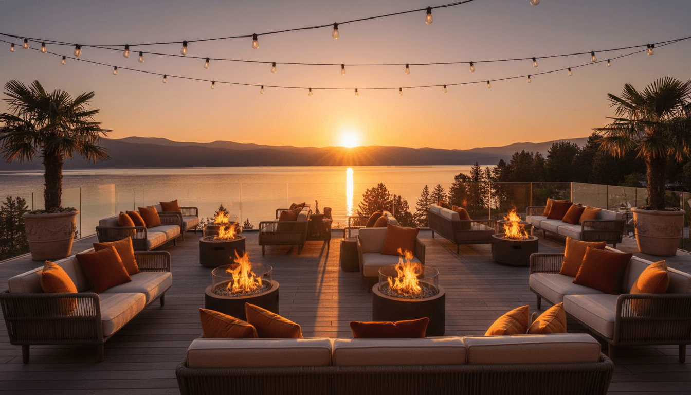 Private terrace with lounge seating and lake views